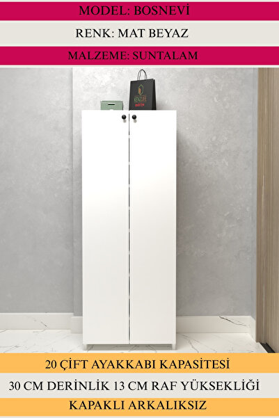 Kenzlife Kapaklı Ayakkabılık Bosnevi Mat Beyaz Suntalam 155*040*30 Yirmi Çift Ayakkabı Kapasitesi Arkalıksız