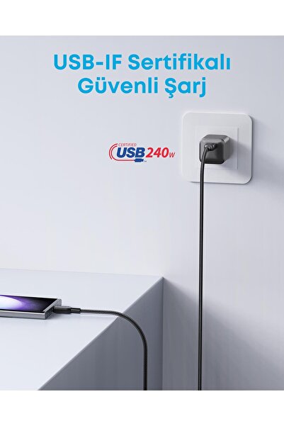 Anker 310 USB-C to USB-C 1m 240w Örgülü Kablo - Hızlı Şarj - Evrensel Uyumluluk - Siyah - A81C5