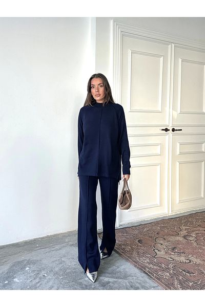 Lusin Women's Half Turtleneck Sweater Pants Bottom Top Knitwear Set - Navy Blue (New Color)