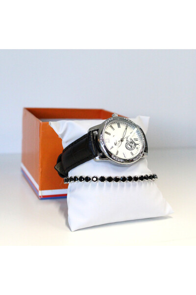 FashionForYou Waterproof elegant watch set, -leather strap and matching bracelet, , Black/Silver, Jewelry set
