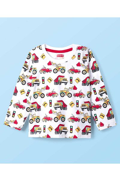 Babyhug 100% Cotton Knit Full Sleeves T-Shirt With Stripes & Vehicle Print (Pack Of 3) - Red & White