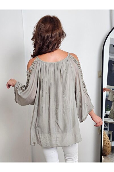 Felix Butik FELİX13944 Omuzu Açık Dirsek Kol Nakışlı İthal Dantel İpekli Vizon Bluz