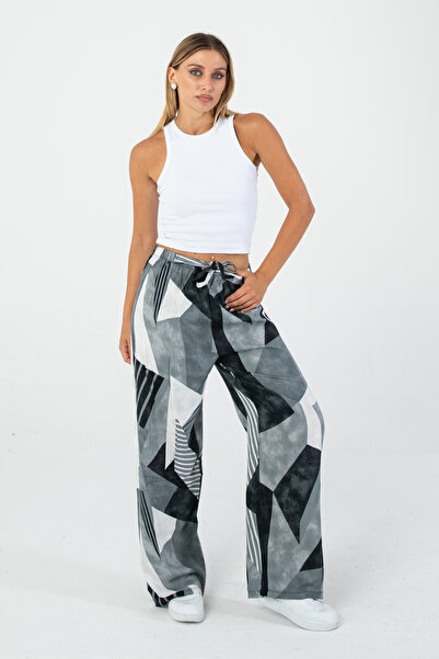 Nuevo Kadın Modern Siyah Gri Geometrik Desenli Bol Paça Pantolon – Trend & Şı...