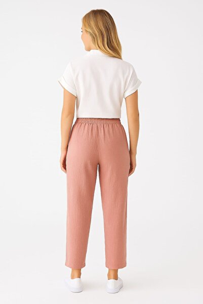 enmodaiçgiyim Dark Powder 100% Cotton Muslin Fabric Women's Trousers – Narrow Leg, Pockets, Comfortable Fit Casual Trousers