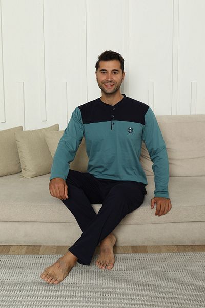 KAPİTEX New Season Long Sleeve Lapel Collar Three Button Pants with Pockets Green Color Men's Pajama Set