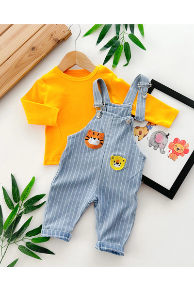 hümabebe Seasonal 2-Piece Salopet Set with Vertical Stripes and Cute Animal Embroidery