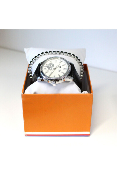 FashionForYou Stylish, waterproof watch set, leather strap and matching bracelet, black/silver, set of