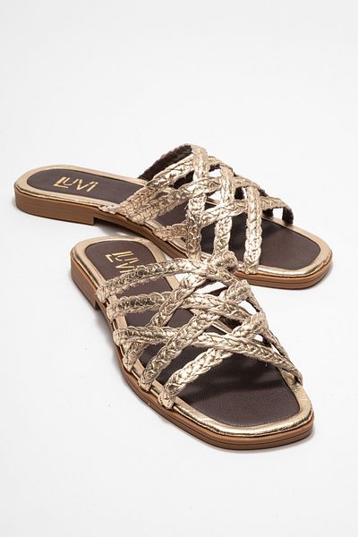LuviShoes Alisha Gold Genuine Leather Knitted Strap Women's Slippers