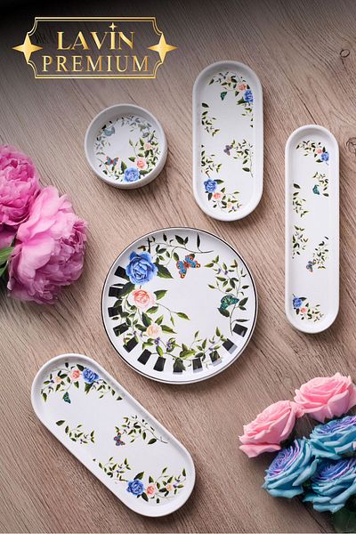 YzHome 14 Piece Porcelain Breakfast Set for 6 People Breakfast Presentation Set Plate Plate