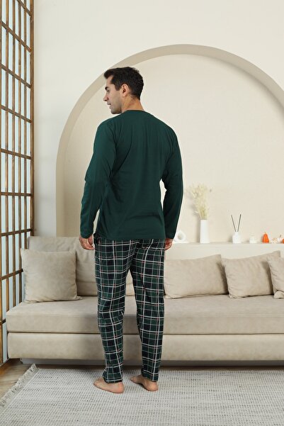 KAPİTEX Новий сезон Довгорукавний комір з трьома ґудзиками Штани з кишенями Хакі Кольоровий картатий чоловічий піжамний комплект