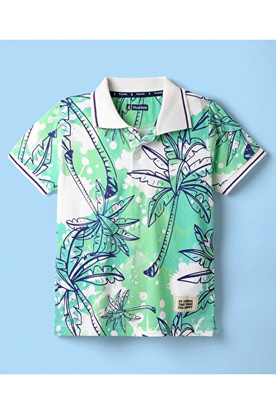 Pine kids قميص بولو بأكمام نصفية وطبعة استوائية - أخضر فاتح وأبيض