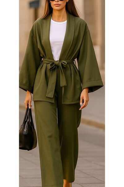 onlymoon tekstil Women's Oversize Belted Tunic Trousers Set |   Double Set |   Jacket Collar |   Navy Blue Stylish Basic
