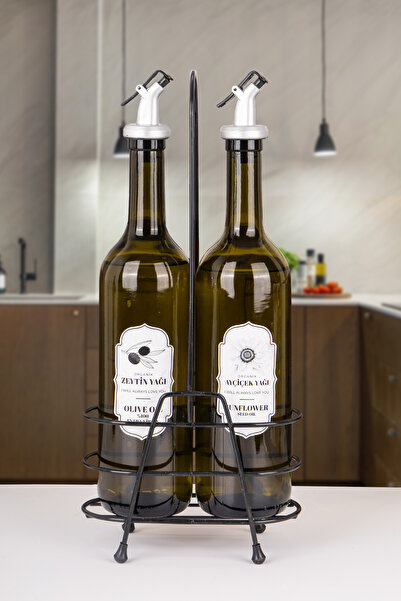 Lizzy 2'li Stantlı Sızdırmaz Kapak Cam Ayçiçek ve Zeytinyağı Etiketli Sosluk Sirkeli Yağdanlık Seti 800 ml