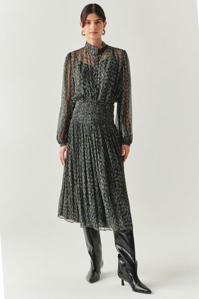 Exquise Beli Gipeli Büzgülü Regular Midi Çok Renkli Etek