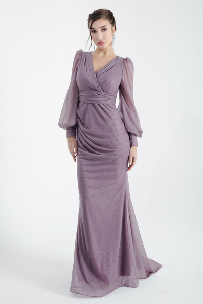 meksila kadın kruvaze yakalı uzun kollu balık form korsajlı manşet detaylı simli düğün davet nişan abiye