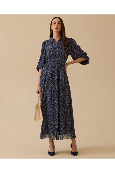 SCL Patterned Belted Dress with Pleat Detail