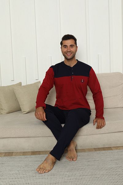 KAPİTEX New Season Long Sleeve Collar Placket Three Button Trousers with Pockets Burgundy Color Men's Pajama Set