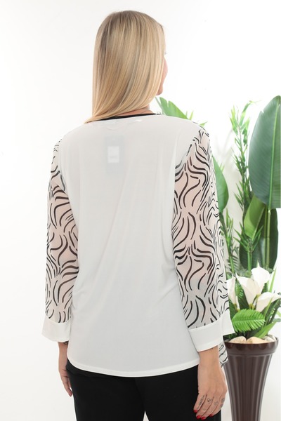 Javelin Collection Zero Collar Sleeves and Chiffon Printed Front Plus Size Bluz