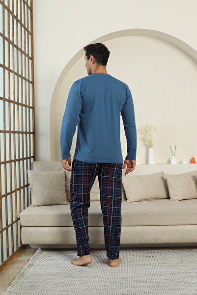 KAPİTEX New Season Long Sleeve Lapel Collar Three Button Pants with Pockets Indigo Color Plaid Men's Pajama Set