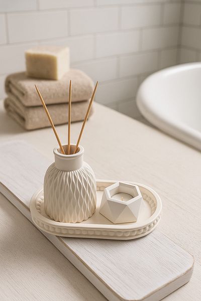 ARGKRİSTAL Decorative Concrete 3-Piece Living Room & Bathroom Accessory Set – Oval Tray, Fragrance Bottle and Candle Holder