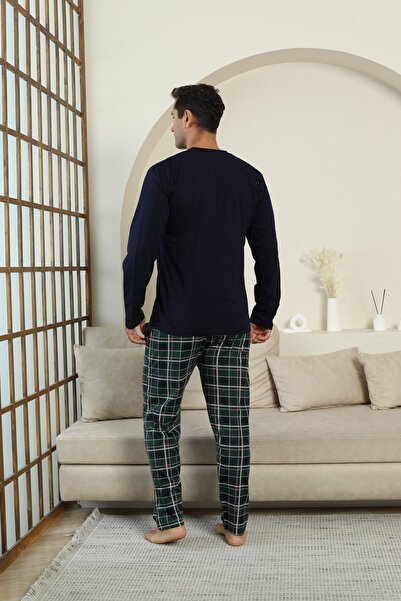 KAPİTEX Yeni Sezon Uzun Kollu Yakası Patlı Üç Düğmeli Pantolonu Cepl Lacivert Renk Ekose Erkek Pijama Takımı