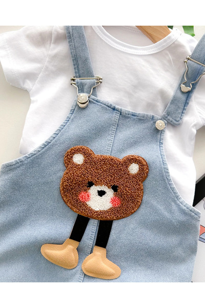 hümabebe Swinging Feet Pink Cheek Teddy Bear Denim Look Knitted Fabric Summer 2 Piece Salopet Set