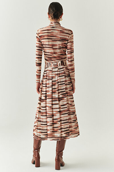 Exquise Belted Lined Regular Midi Pleated Patterned Skirt