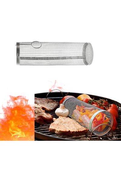OEM Cylindrical grill basket, 30 x 9 cm, stainless steel, silver