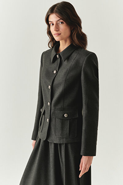 Exquise Lined Slim Fit Gray Jacket with Cover Pocket