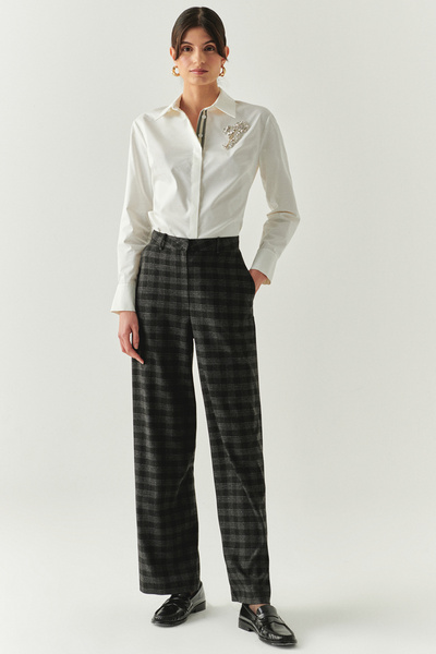 Exquise Plaid Stone Detailed Pocket Pipe Leg Regular Anthracite Trousers