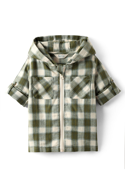 Bonfino Full Sleeves Checks Hooded Shirt With Front Zipper - Olive Green