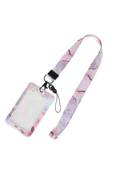 OEM Suport legitimație Marble Rose, șnur roz, 8,5x5 cm, detașabil
