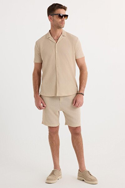 Tudors Erkek Slim Fit Dar Kesim Apaş Yaka Beli Bağcıklı Bej Gömlek Şort Takım