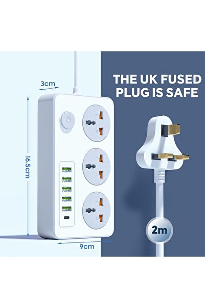 Baytion Extension Lead with UK Plug 3 Pin Socket Outlet with 3 Gang | 5 USB Port | 1 Type-C Port, 2M