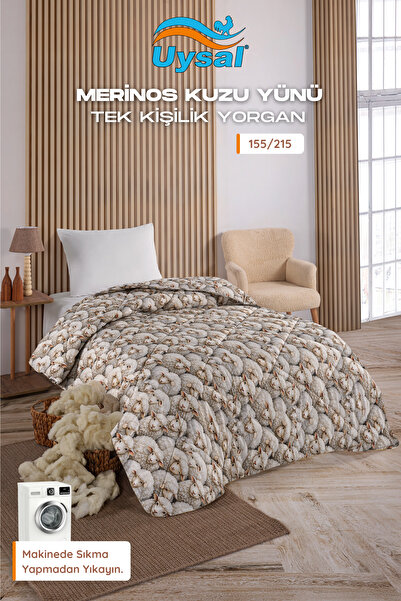 UYSAL %100 PAMUK KUZU DESENLİ TEK KİŞİLİK MERİNOS KUZU YÜNÜ YORGAN 155x215 V1