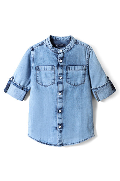 Pine kids قميص جينز منسوج بأكمام طويلة وياقة ماندرين مغسول - أزرق فاتح
