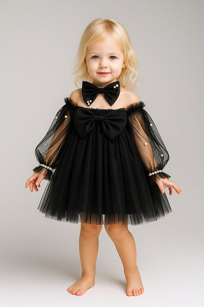 Magu Girls' Black Tulle Dress with Bow and Pearl Detail