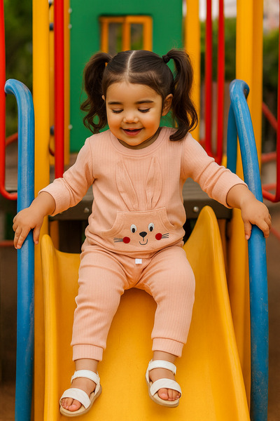 KAMİKAM Rabbit, Kangaroo Pocket, Embroidery, High Quality, Cotton Girl's Suit (Buy One Size Larger)