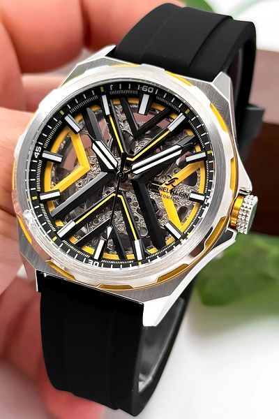 Daniel Klein Automatic Mechanism Silicone Cord Steel Case Men Wrist Watch Black-Yellow Zmdk1193
