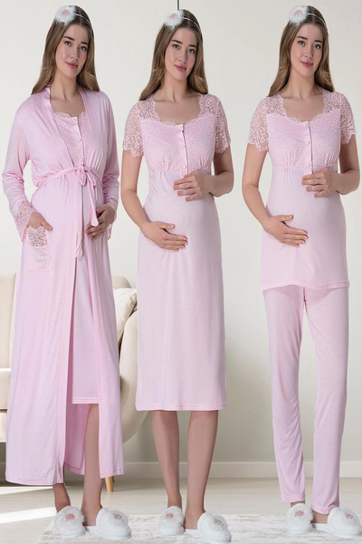 Mavelle Women's Lace Detailed Long Nightdress Pajamas Maternity Maternity Set 6065