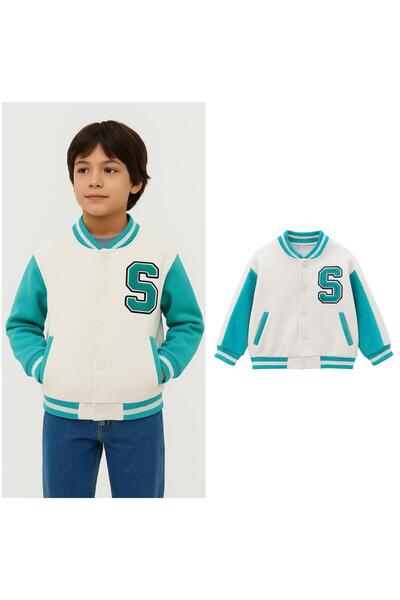 Magu Unisex Kids Cotton White Turquoise College Jacket - Letter Appliqued Bomber Coat