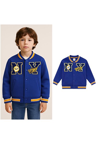 Magu Unisex Kids Cotton Navy Blue College Jacket - Bomber Jacket with Letter and Dragon Applique