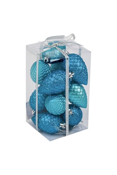 offlimits Set 12 globuri albastre turcoaz in forma de con brad de Craciun, DecorCasa, 8 cm