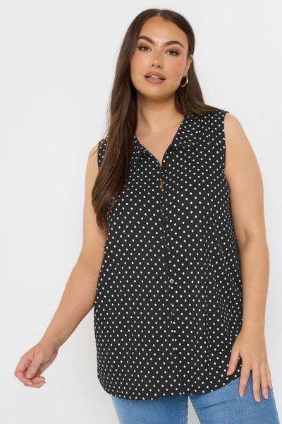 Stil Diva Plus Size Polo Neck Zero Sleeve Button Polka Dot T-Shirt 303957