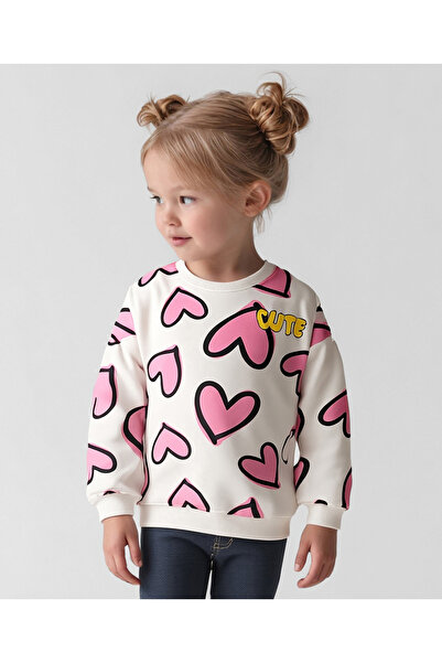 Bonfino Knit Full Sleeves Oversized Sweatshirt With Heart Print - White