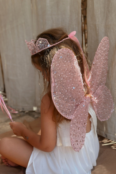 Le Mabelle Pink Sequin Beaded 3-Piece Butterfly Wing Staff Crown Set
