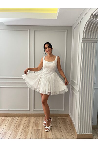 SOLİSTOES BEYAZ IŞILTILI MİNİ AFTER PARTY ELBİSESİ
