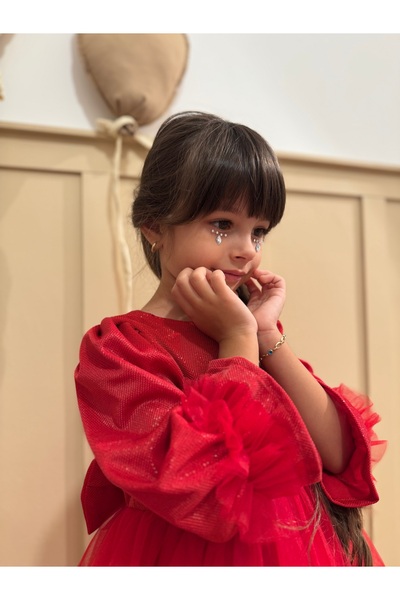 penu baby kids Kırmızı Uzun Balon Kumaş Kol Altı Tütülü Kız Bebek Elbise - Cinderella