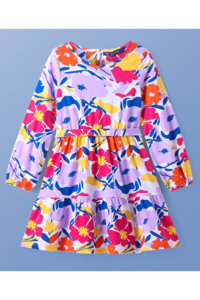 Pine kids Cotton Knit Full Peasant Sleeves Floral Printed Frock with Fabric B...