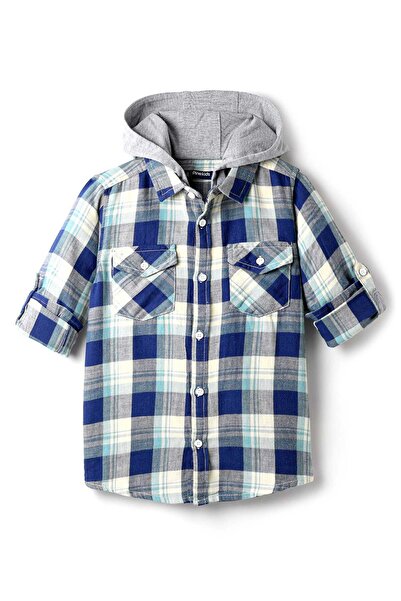 Pine kids قميص قطني منسوج بأكمام طويلة وغطاء رأس بطبعة مربعات - أزرق